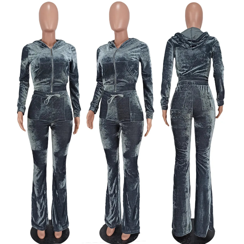 Ladies 2pcs Flare Pants Outfit Gym Wear Sweatpants and Hoodie Velour Joggers Sweatsuits Velvet Two Piece Set Tracksuit for Women