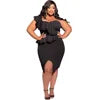 European and American Fashion Casual Ruffled Split Shoulder Sleeve Bag Hip Split Plus Size Dress