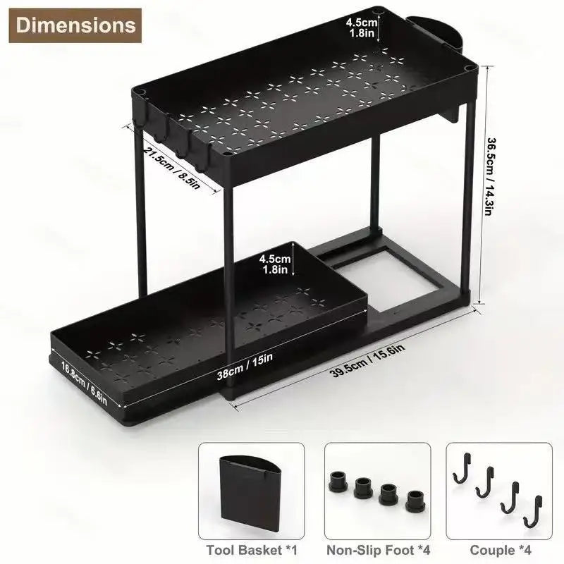 Double Tier Foldable Wall-Mounted Sliding Eco-Friendly Vintage Black Storage Boxes Kitchen Sink Organization Plastic Drawer
