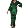 Hot Selling Flower Polynesian Tribal Bell Sleeve V Neck Long Maxi Slit Dress Custom Plus Size Womens Dresses Island Style Dress