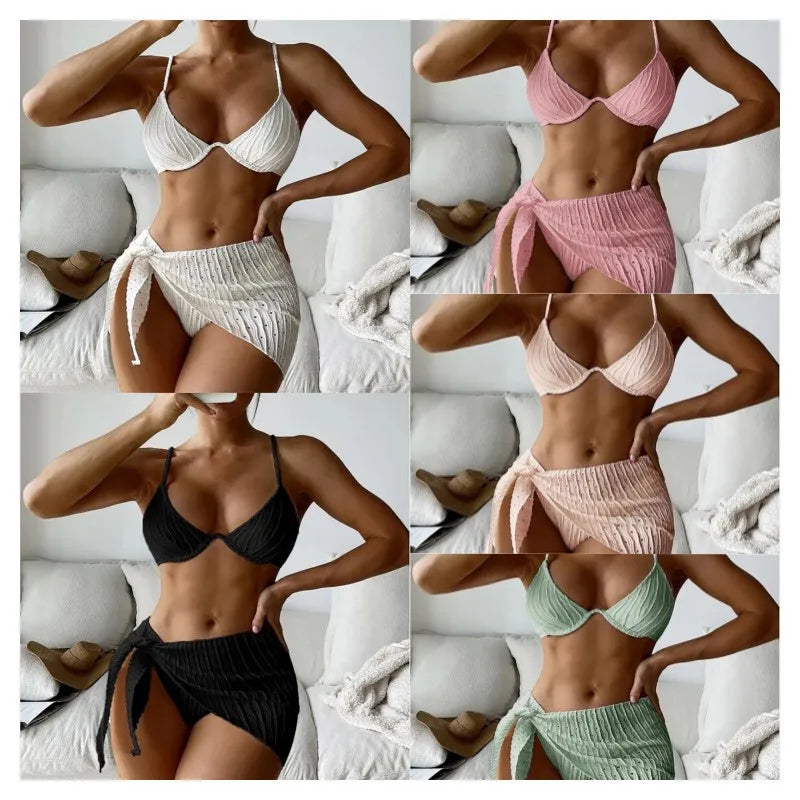 Bandage Halter Bikini Micro Ribbed Bikini 3 Pieces Set 2023 High Waist Swimsuit With Beach 3 Pieces Mesh Skirt