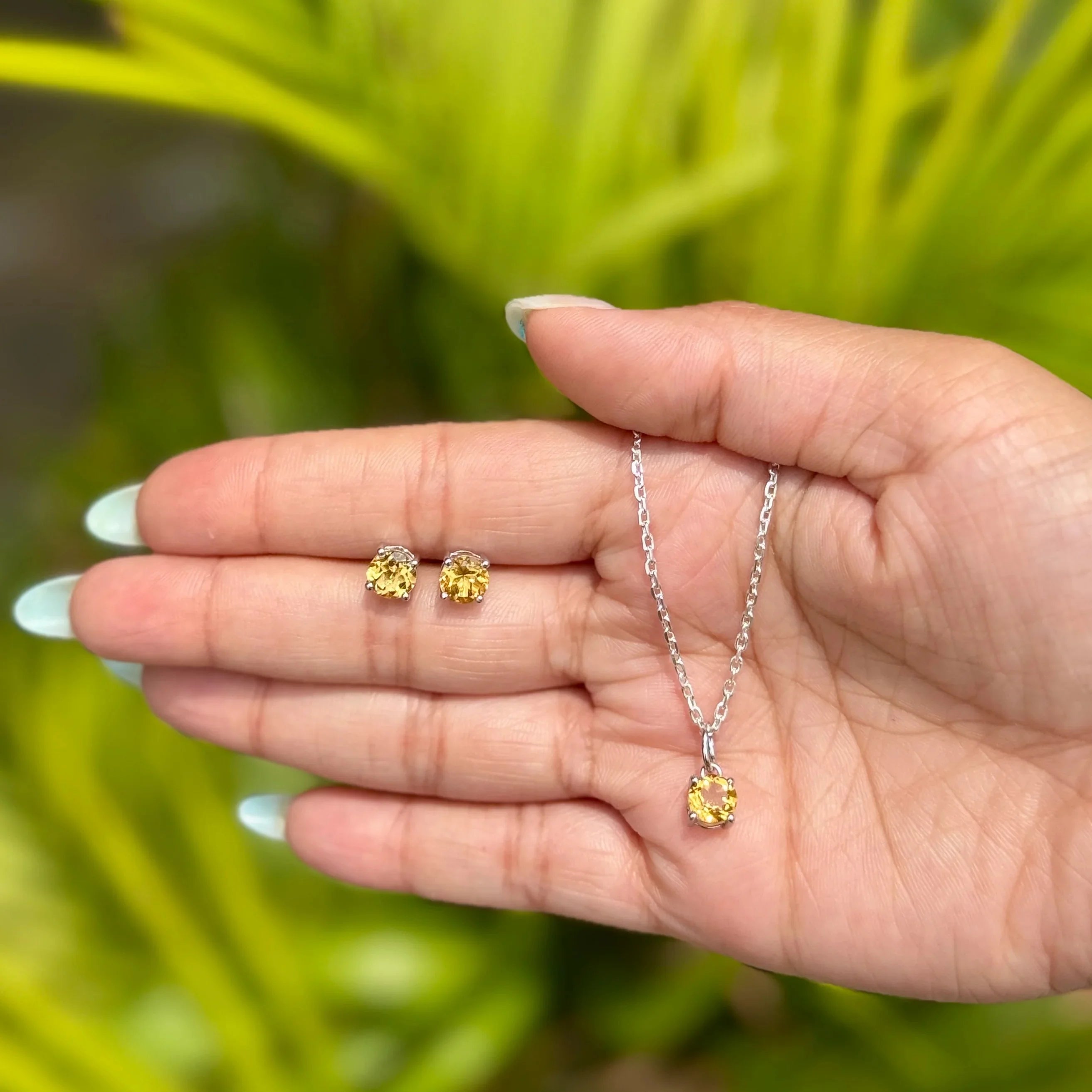 Sunlit Spark Gold Sterling Silver Yellow Citrine Round-Cut Pendant Studs Set Engagement Wedding Anniversary Jewelry Everyday