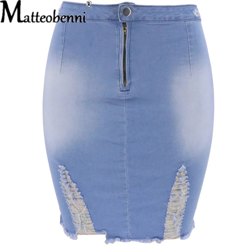 New Summer Sexy Ripped Denim Skirt Women Fashion Hollow Out Casual Hole Tassel Mini Skirt Irregular Basic Pocket Jeans Skirt