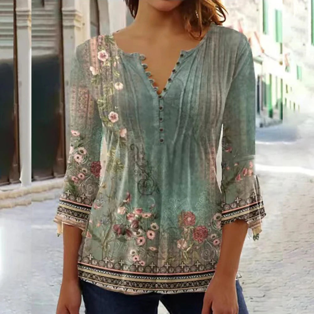 2024 Spring Summer New Fashion Women's Casual Floral Print V-Neck Elegant T-Shirt Full Sleeved Pleated Button T-shirt
