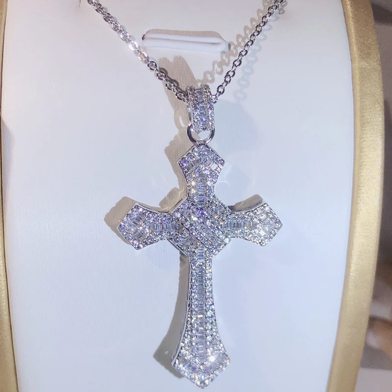 925 Silver Classic Cross Pendant Silver Color Statement Necklace With Zircon Stone Long Chain Necklace for Women Man Religious