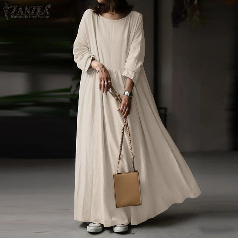 Autumn Women Sundress ZANZEA 2023 Vintage Solid Dresses Female Cotton Robe Casual Long Sleeve Pleated Maxi Vestidos Kaftan