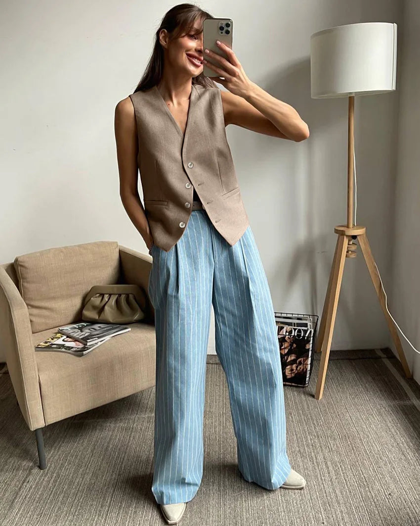 Enyami Minimalist Office Casual Co Ords Outfits V Neck Buttons Vest High Waist Wide Leg Pants Suits 2 Two Piece Sets Women