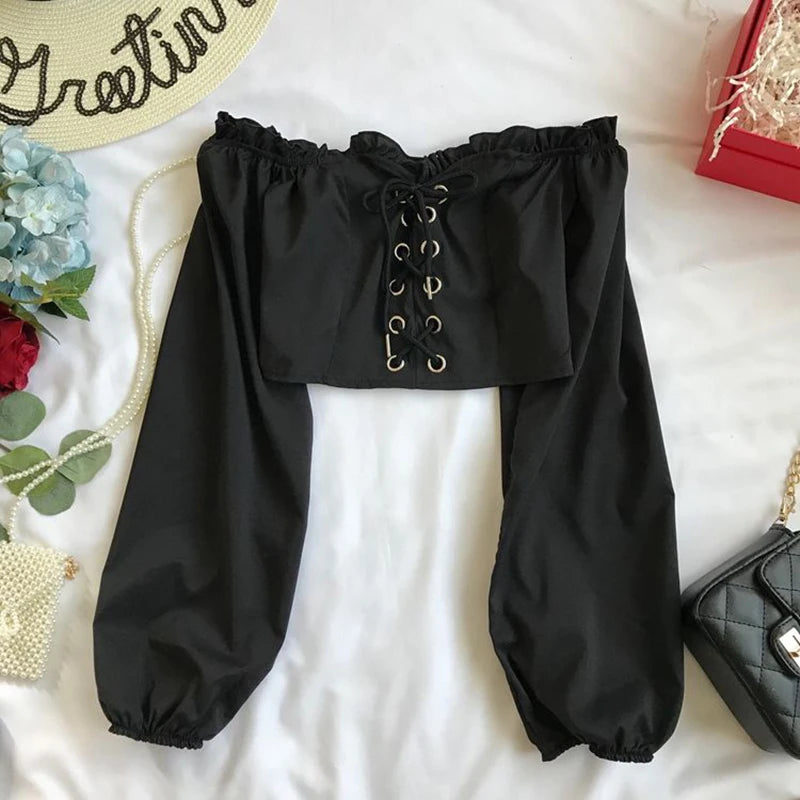 Womens Off Shoulder Top Long Sleeve Ruffle Vintage Blouse With Puff Sleeves Lace up Ladies Tops Bandage Crop Tops