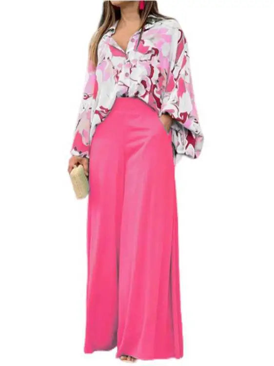 Women's Spring Pants Set Casual Two Piece Set Loose Long Sleeve Shirt High Waist Wide-leg Pants Fashion Pants Suits