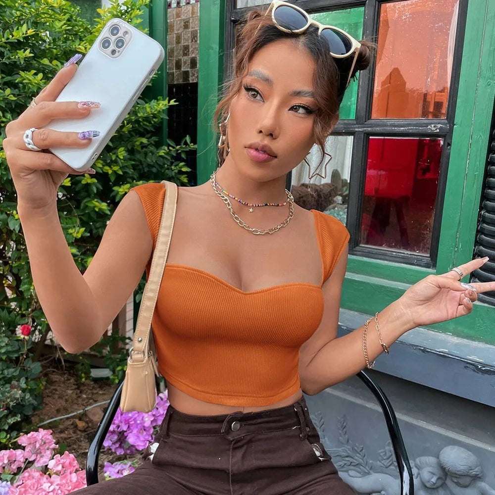 Casual Basic Ribbed Knit Crop Top for Women Summer Sleeveless Square Neck Tank Cute Tee Grunge Y2K Korea Fashion Streetwear 2343