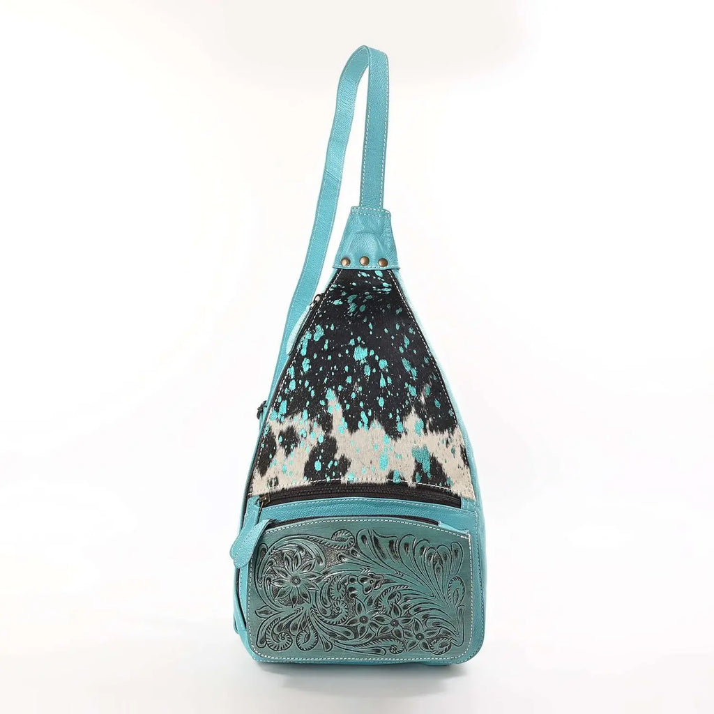 Unisex Cowhide Hair On Leather Sling Backpack Hand Tooled Western Crossbody Arm Bag