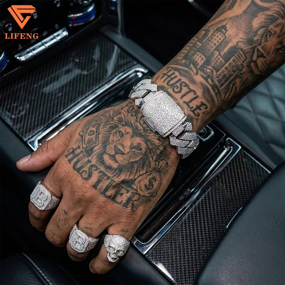 Lifeng Jewelry 20mm 4rows VVS Moissanite Cuban Link Chain Bracelet Sterling SIlver Diamond Hiphop Moissanite Cuban Chain for Men