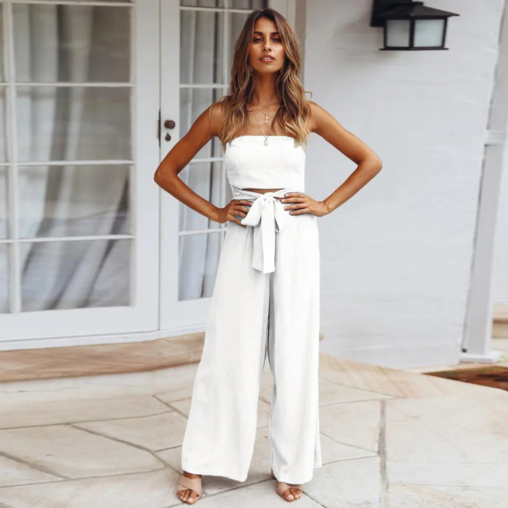 New Style Women's Summer Casual Breathable Loose Solid Color Sleeveless Jumpsuit Strapless Wide Leg Long Pants Party Set