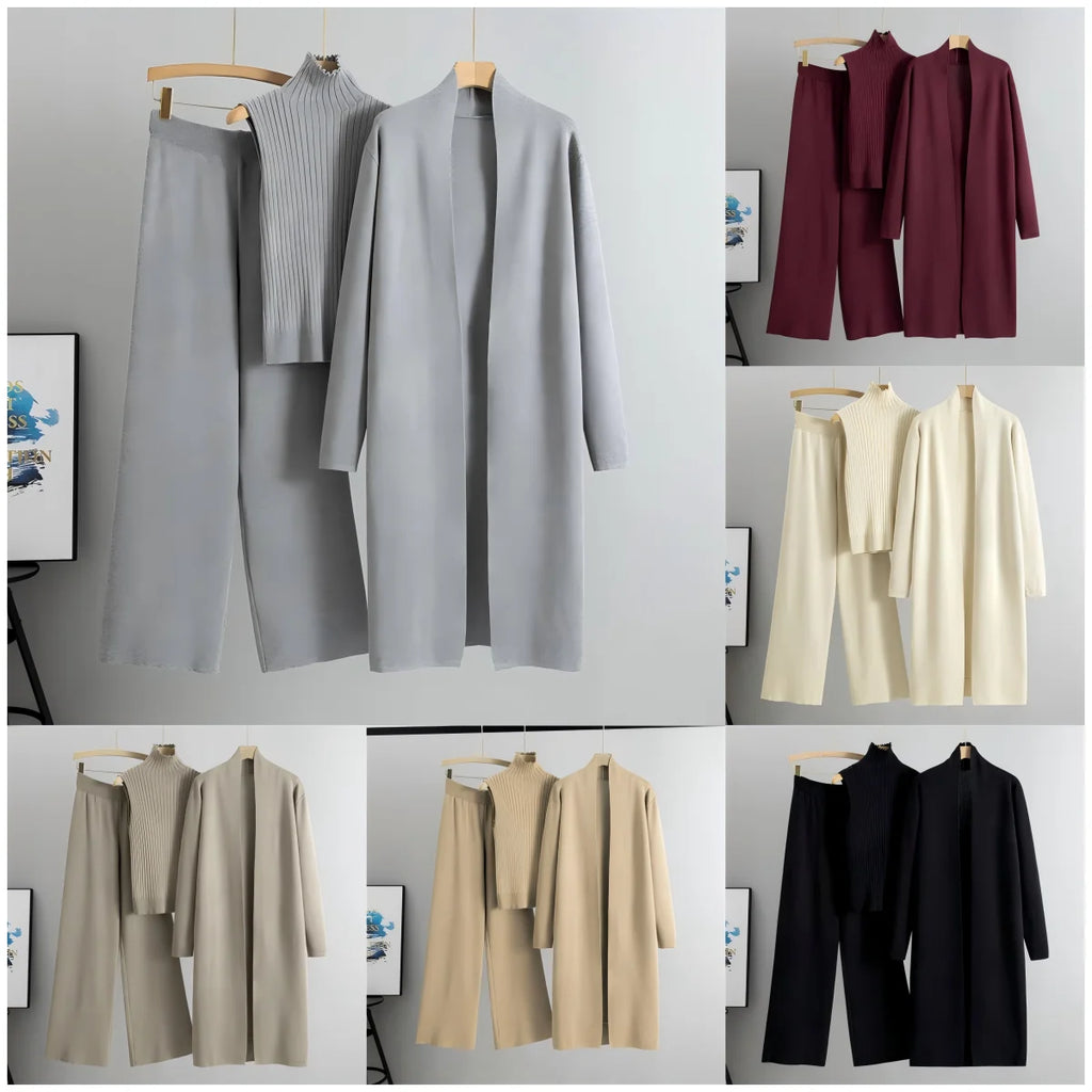 Vintage Fashion Ladies 3-Piece Set Long Cardigan Knitted Pant Ladies Sweater Suit-Casual Spring Autumn Styles