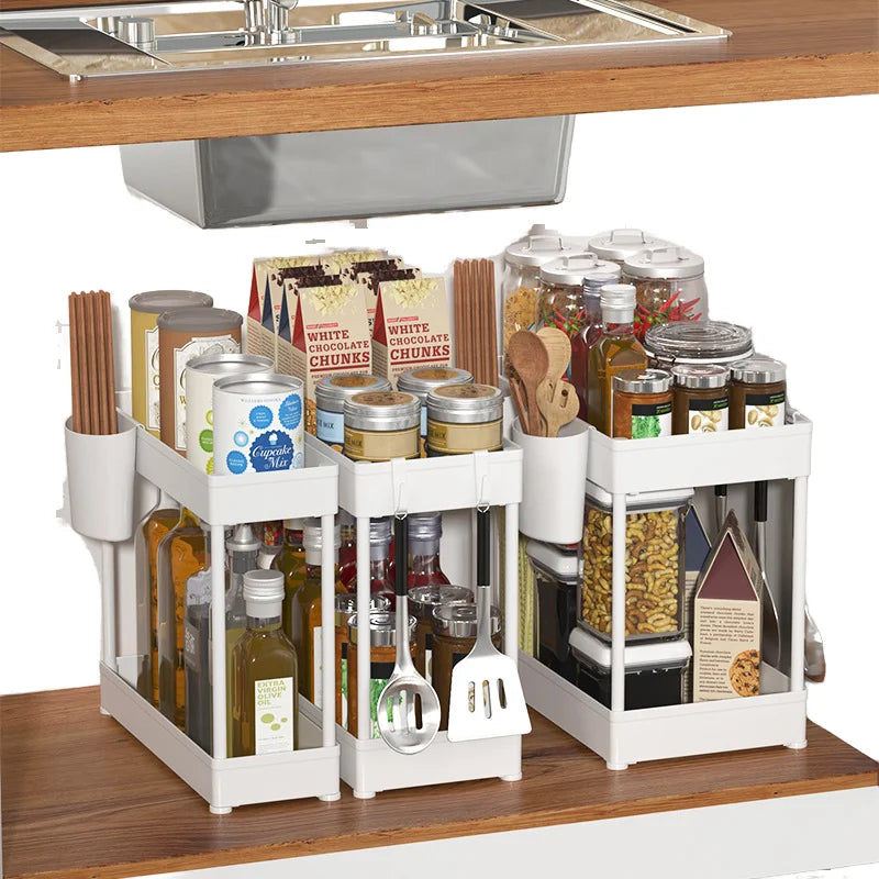 Adjustable Height Non-folding Double Tier Standing Type Multifunctional PP Plastic Kitchen Cabinet Storage Rack Precision