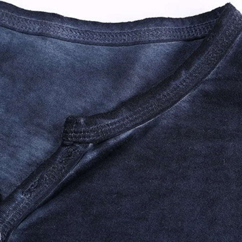 Men Tee Shirt V-neck Long Sleeve Tee&Tops Stylish Buttons T-shirt 2026 Autumn Casual Henley shirt Solid Male Clothing 5XL