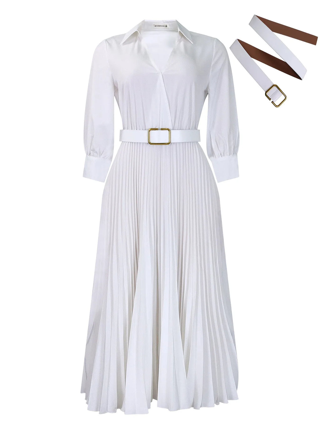 C8587 Trendy Casual Dresses Women Lady Elegant Solid Color Long Sleeve V-neck Pleated Ladies Office Dresses With Belt