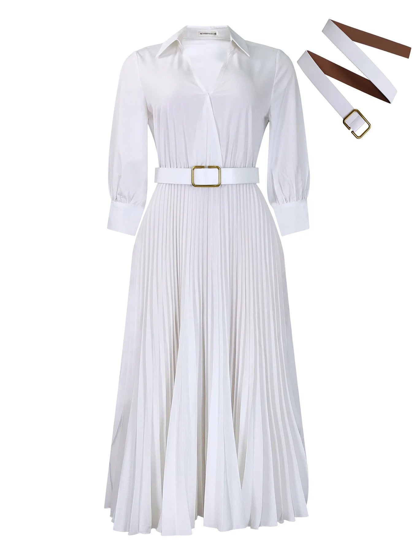 C8587 Trendy Casual Dresses Women Lady Elegant Solid Color Long Sleeve V-neck Pleated Ladies Office Dresses With Belt