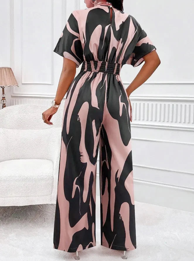 2025 Fashion Spring Summer New High Waist Short Sleeve Jumpsuits Wide Leg Pants Overalls Women's Printed Summer Loose Jumpsuit