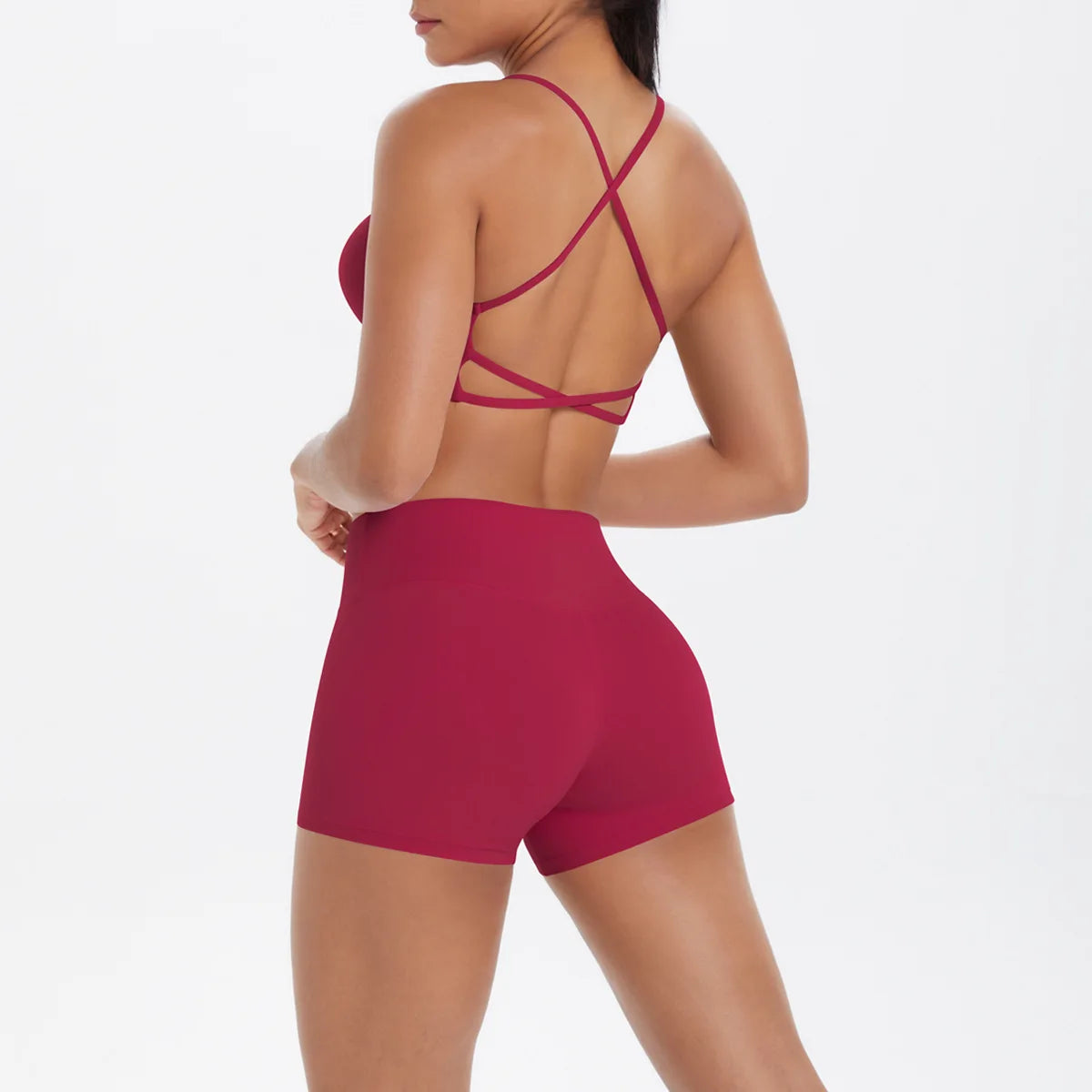 Support Custom Logo New Sports Bra Set Women Cross Back Padded Bra High Waist Butt Lifting Shorts Yoga Gym Running Activewear