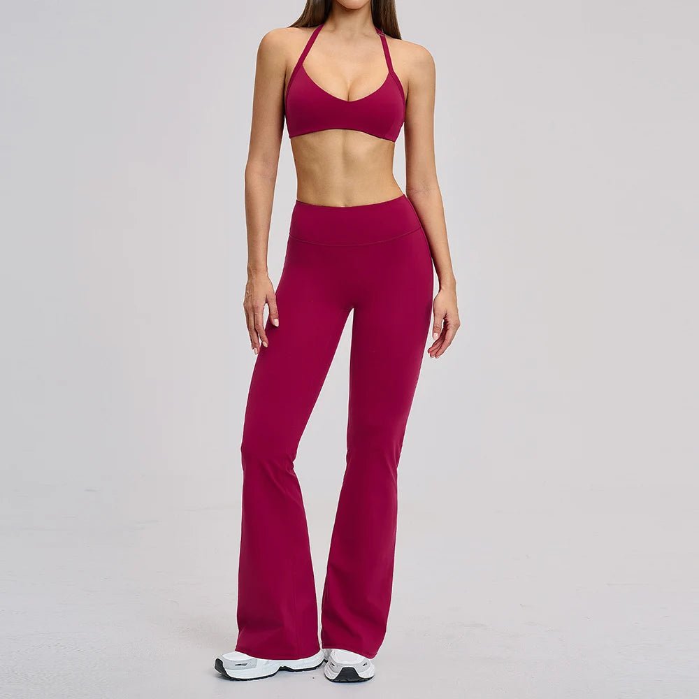 CIYING Wholesale Backless Yoga Halter Neck Sports Bra and Flare Leggings Set Custom Logo Brushed Gym Soft Breathable Yoga Set