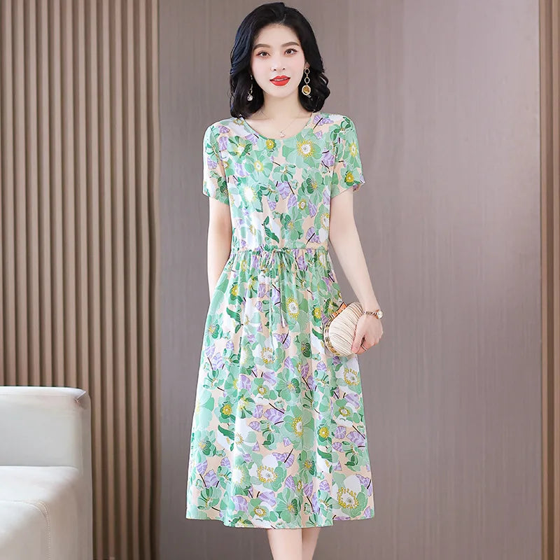 Women Floral Printed Summer Dresses O-neck Short Sleeve Fashion Printing Women's Simple Flower A-line Casual Dress