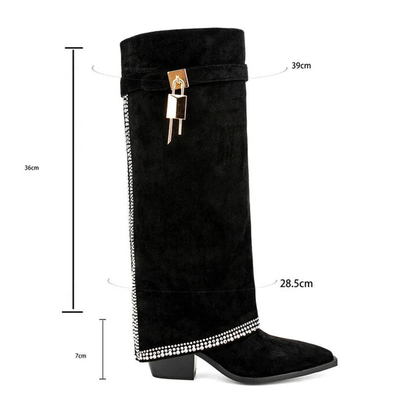 Shark Lock Soft Flock Long Booties Overlay Women's Bling Diamonds Knee High Boots Low Square Heels Shoes Big Size 45 Wide Fit
