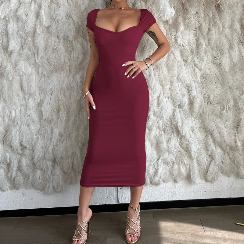 RNSHANGER Elegant Slim Rib Women Dress Casual Slash Neck Summer Long Dresses Sexy Solid Black Evening Clubwear Fashion Dresses