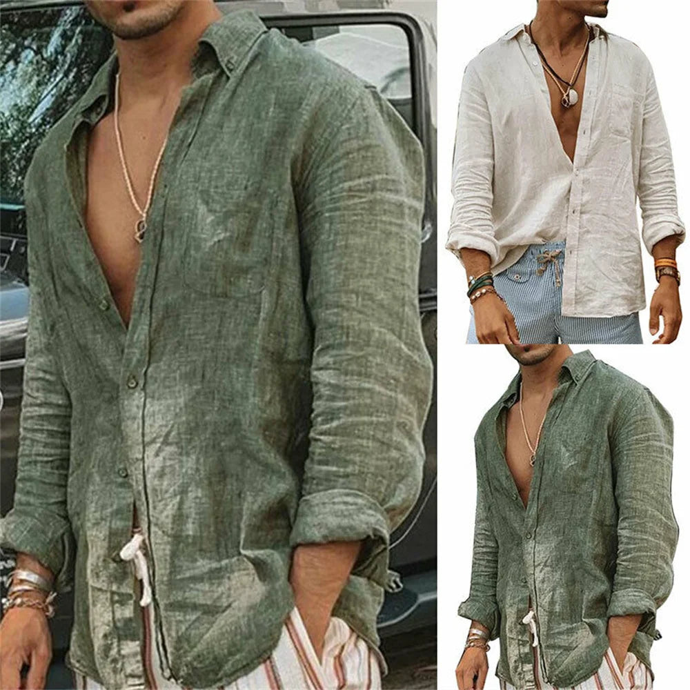 2026 Men Casual Cotton Linen ShirtsStanding Collar Male Solid Color Long Sleeves Loose Tops Spring Autumn Handsome Men's Shirts