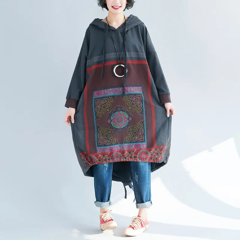 Plus Size Women's Winter Hoodie Sweatshirt Dress Drop-Shoulder Sleeves Oversized Print Pocket Trendy Hooded Pullover
