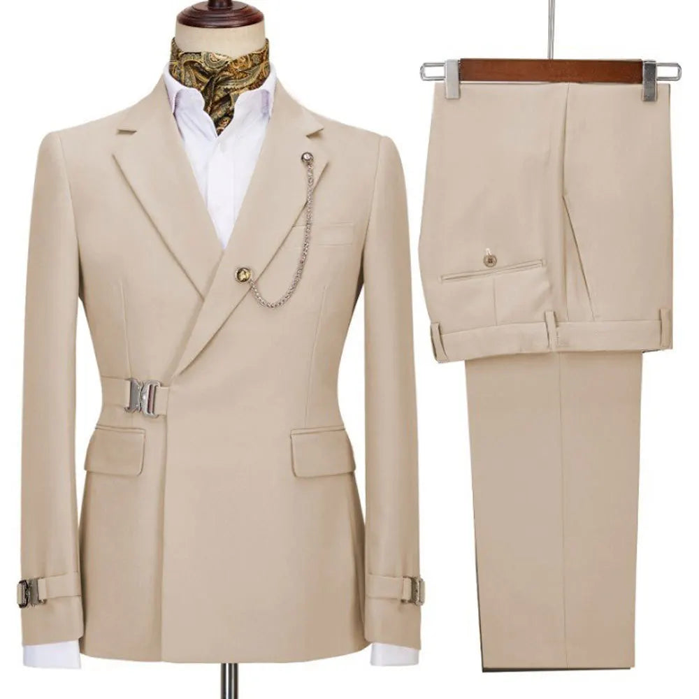 XS-5XL Men's Autumn and Winter Personalized Buckle Design Suit Fashion Business Casual Suit Set Two Piece
