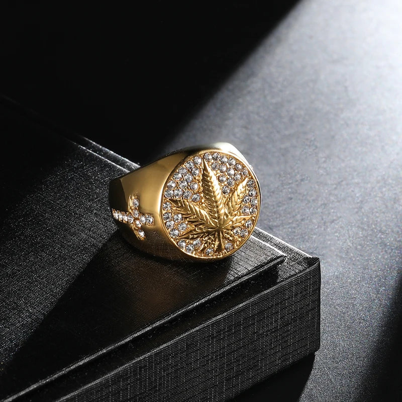 Men's Ring HIP Hop Iced Out Bling Gold Stainless Steel Micro Paved Rhinestone Maple Leaf Rings Cross Diamond Ring
