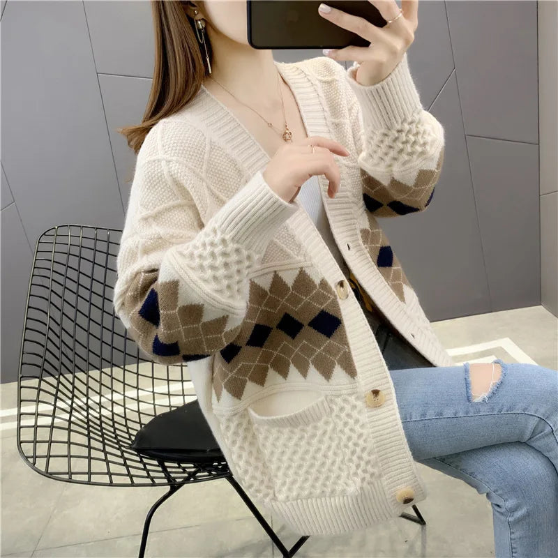 Women's Korean Style V-Neck Cable Knit Oversized Loose Sweater Coat Custom Fit with Front Logo Long Sleeve