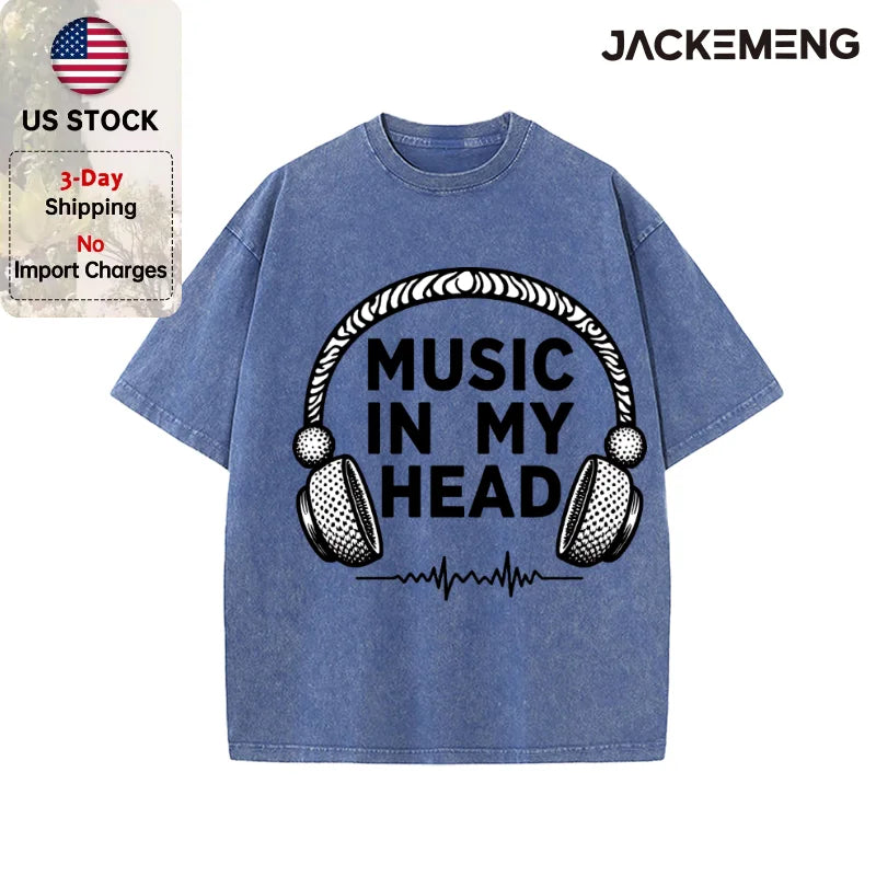 Oversized Washed Retro Music Headphone Streetwear Print Tshirt USA Stock Wholesale Y2K Casual Tee