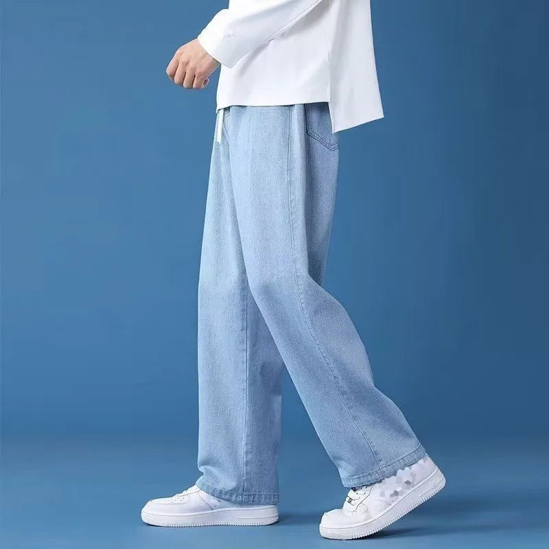 High Quality Summer Drawstring Trendy Fashion Loose Baggy  Drawstring Straight Leg Casual Long Men's  Denim Jeans Pants