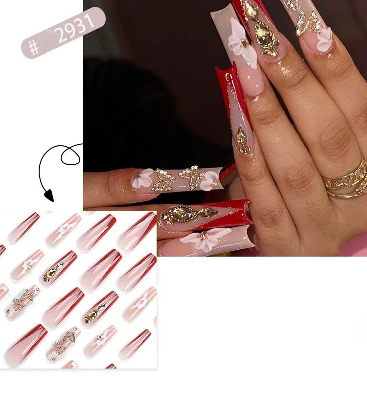 Dropshipping 24 Pcs French Style Romantic Art Acrylic Press on Nails Artificial Fingernails Candy False Nails Dating  Party 2792