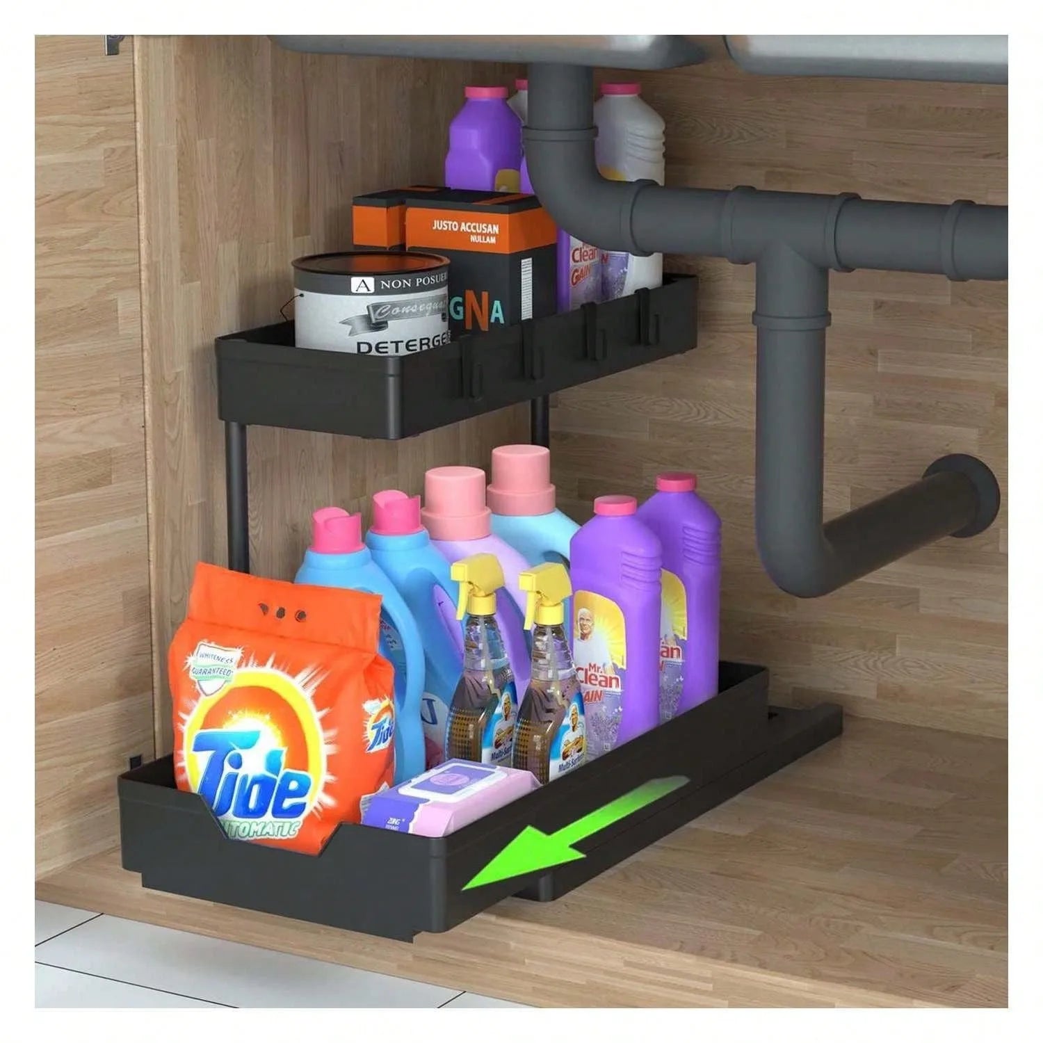 Double Tier Foldable Wall-Mounted Sliding Eco-Friendly Vintage Black Storage Boxes Kitchen Sink Organization Plastic Drawer