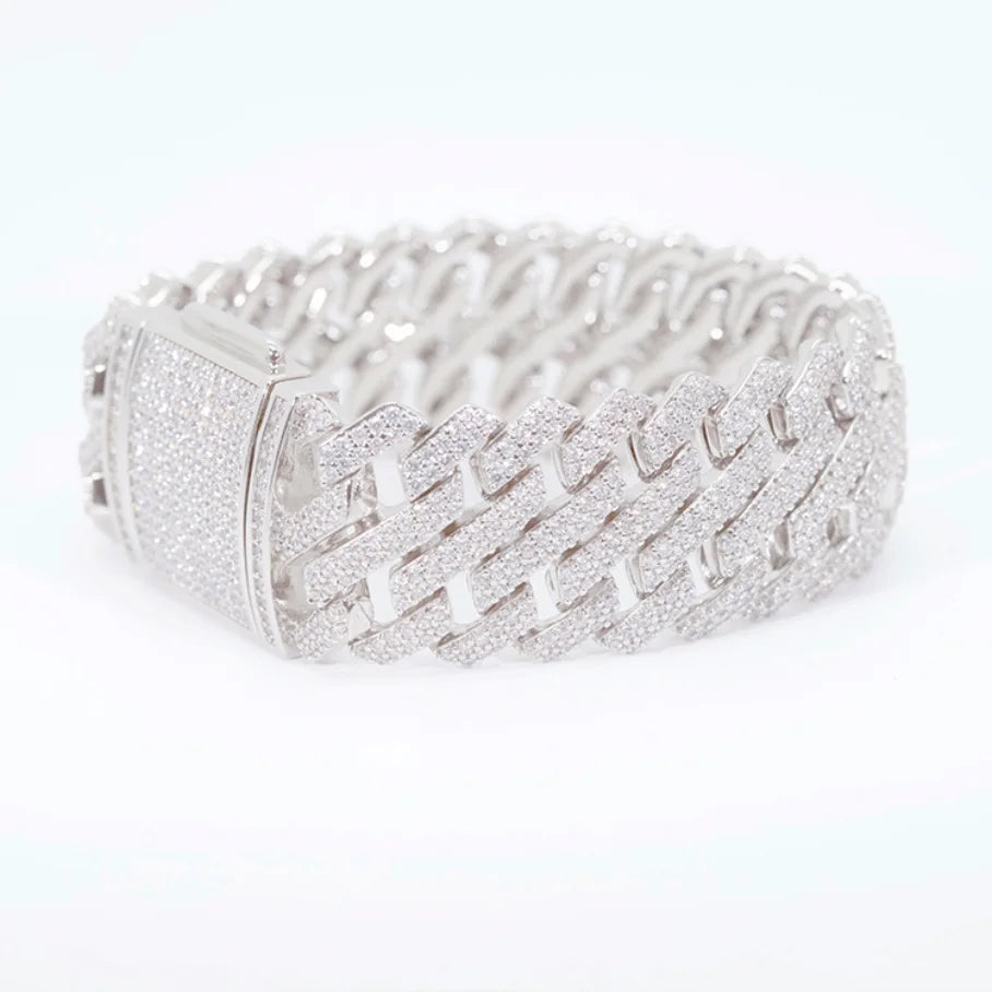Custom Miami Bracelet S925 Sterling Silver with Two Rows VVS Moissanite Diamond Heavy Cuban Bracelet for Men's Hip-hop Style