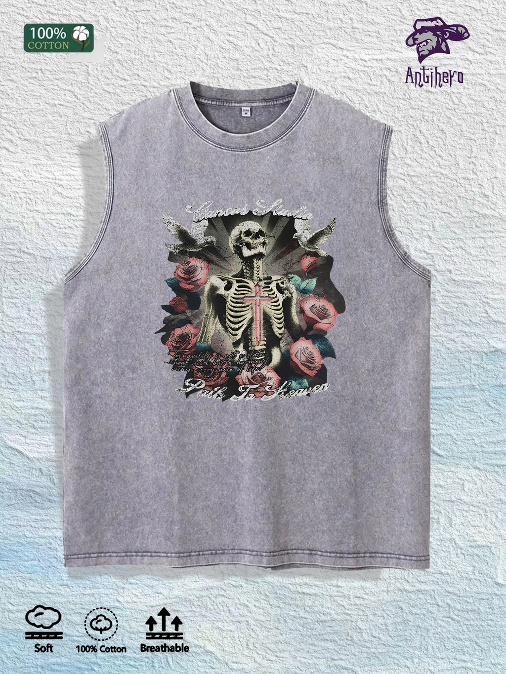 Skull & Roses Graphic Washed Vest US Warehouse 3 Colors Cotton Tank