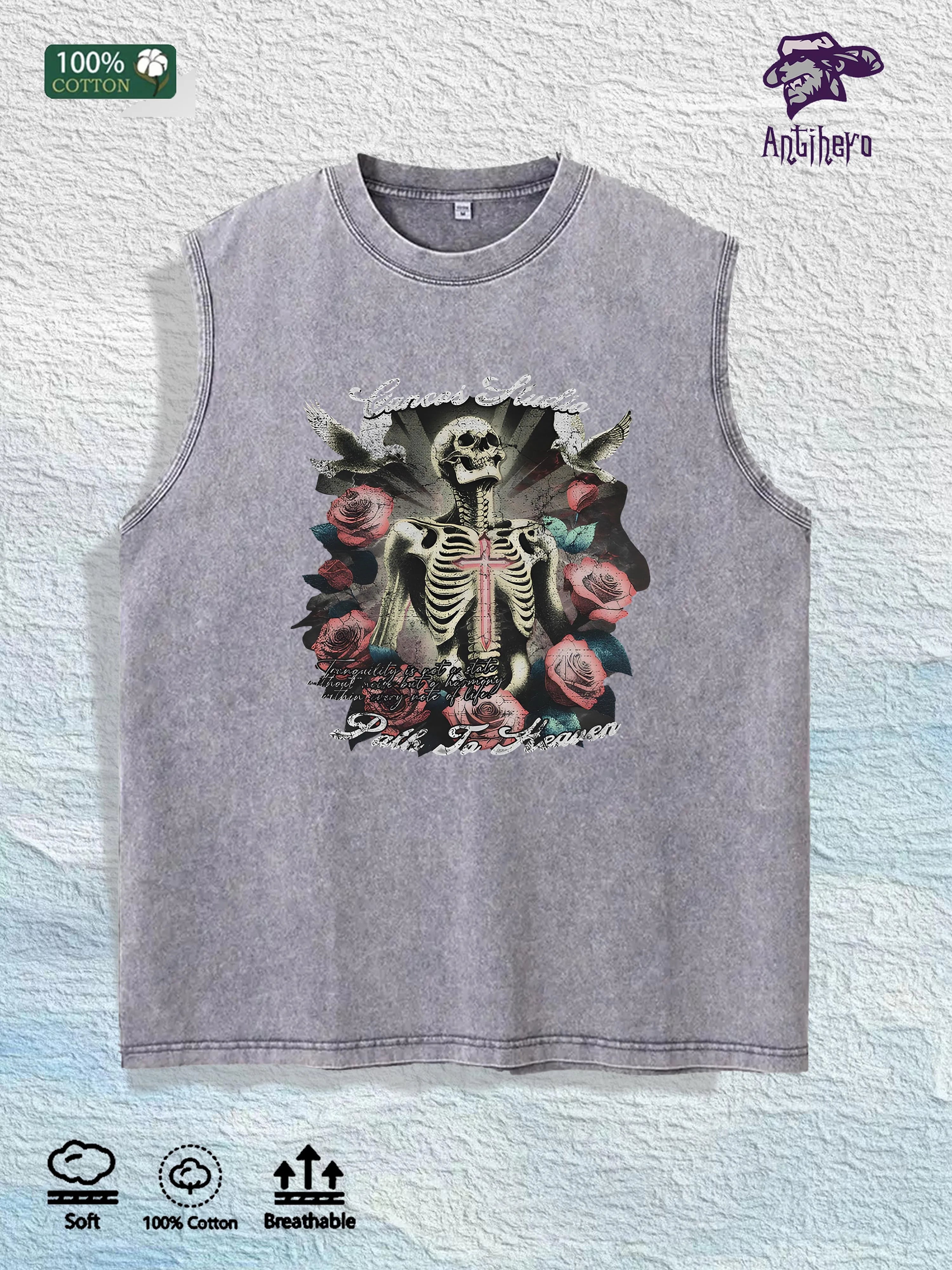 Skull & Roses Graphic Washed Vest US Warehouse 3 Colors Cotton Tank