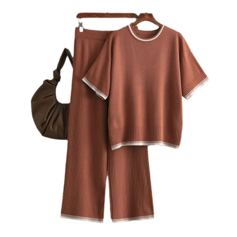Boutique Wholesale 2026 Summer New Simple and Fashionable Round Neck Short Sleeve Slimming Pants Contrast Color Women's Set