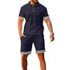2024 Hot Sale Summer Men Short Sleeve Top + Short  Pants Turn Down Collar Solid Color Loose Casual Two Piece Suits