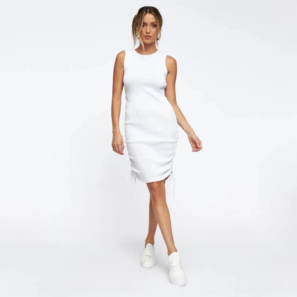 Women Ribbed Elastic Mini Dress Ruched Drawstring Adjustable Length Vestidos Sexy Party O-Neck Summer Bodycon Club Wear