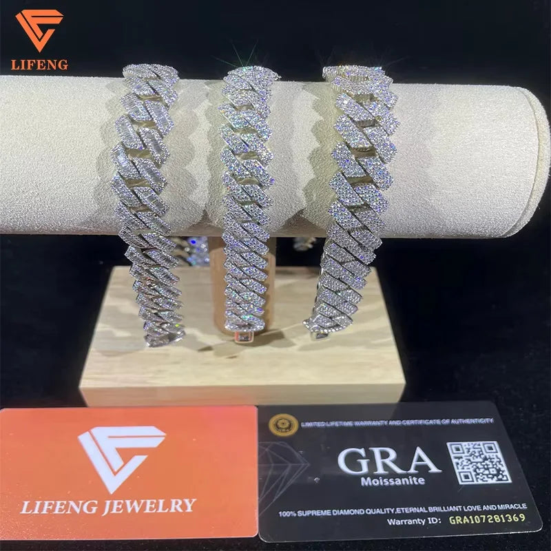 8mm 10mm 12mm 14mm Moissanite Cuban Link Chain 2-Row 925 Solid Sterling Silver  Hip Hop Bracelet VVS Moissanite Diamond for Gift