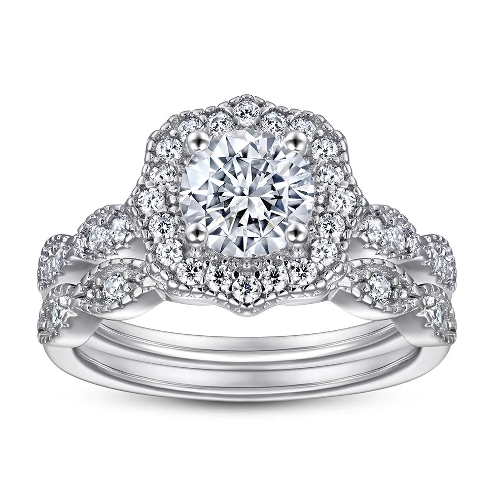 Wedding Ring Set Three-Piece Heart Pattern Engagement Jewelry Women's S925 Sterling Silver Rings