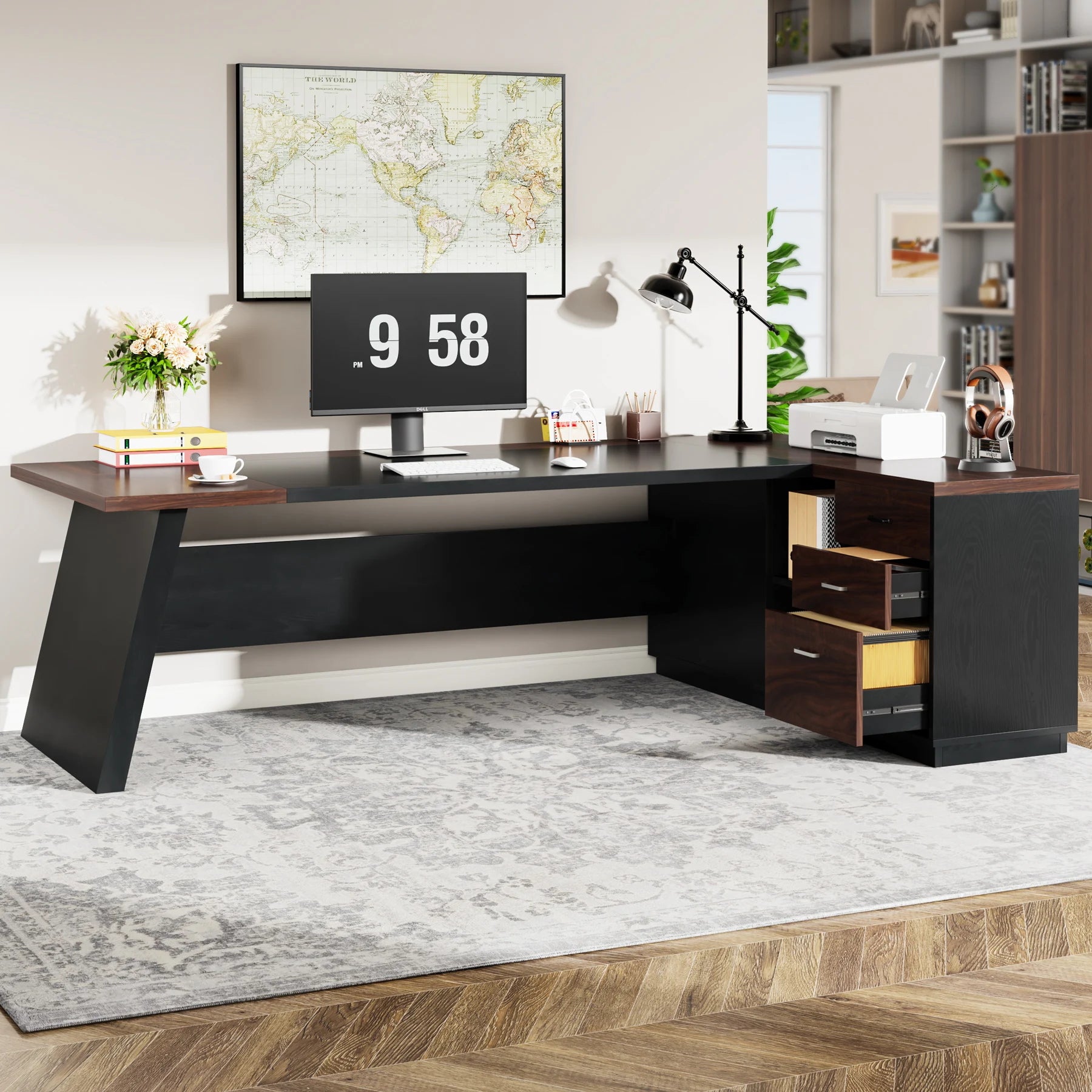 L-Shaped Executive Desk, 78" Modern Office Desk with Drawers and Lateral File Cabinet, Large Computer Desk with Storage Shelve