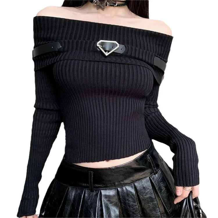 Boutique Wholesale 2026 Autumn New Fashion One Shoulder Short Long Sleeved Knitted Women's Sweater