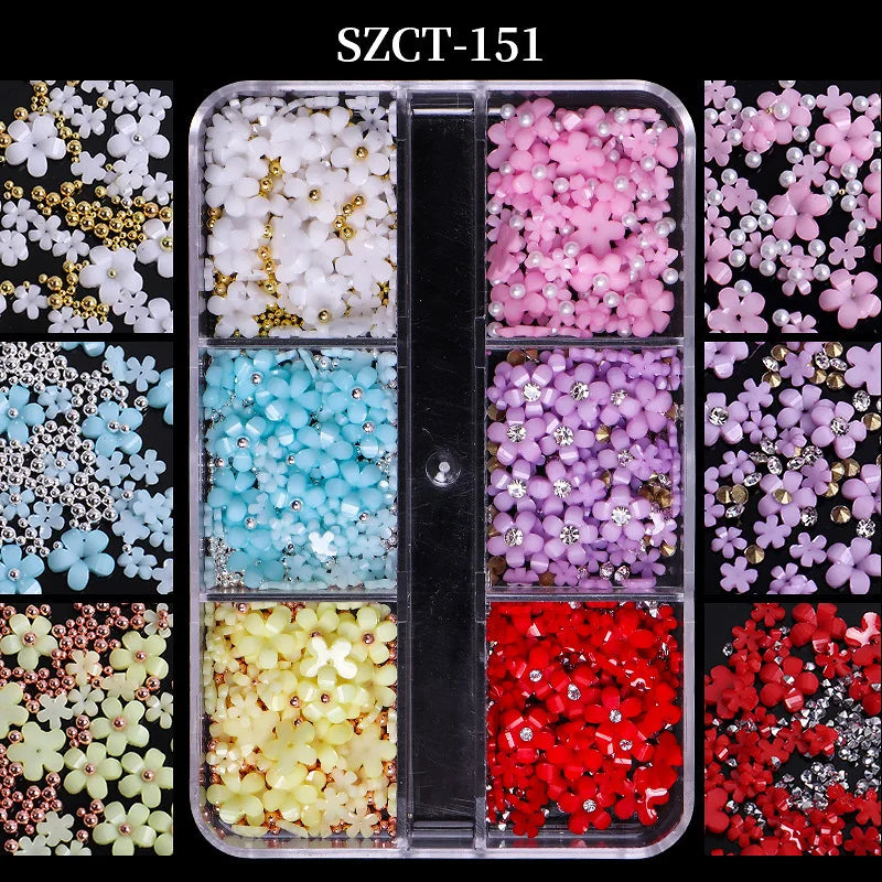 Nail Jewelry Wholesale Cute Three-dimensional Small Flowers 6-grid Plastic Box Mixed Resin Five-petal Flower Nail Accessories