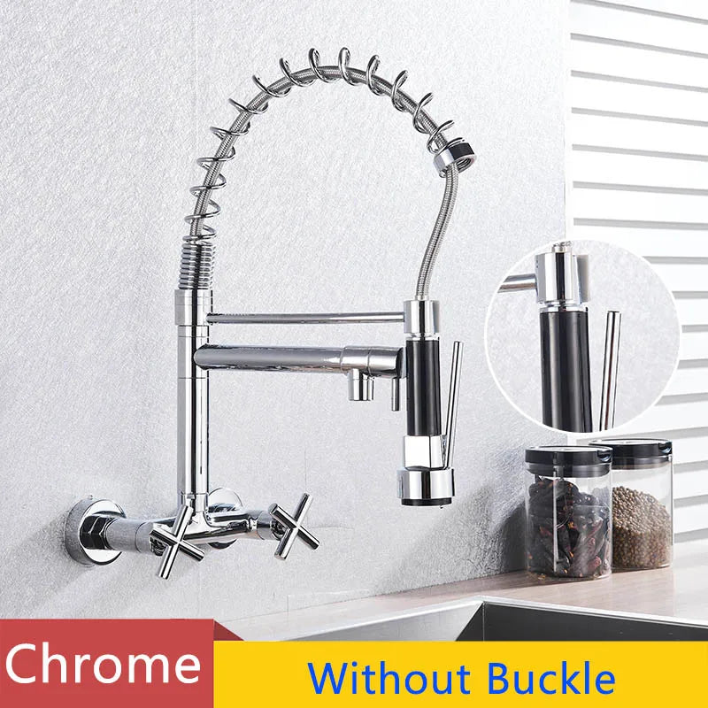 Chrome Spring Kitchen Faucet 360 Rotation Pull Down Hand Sprayer with Buckle Kitchen Taps Wall Mounted Cold Hot Water Mixer Taps