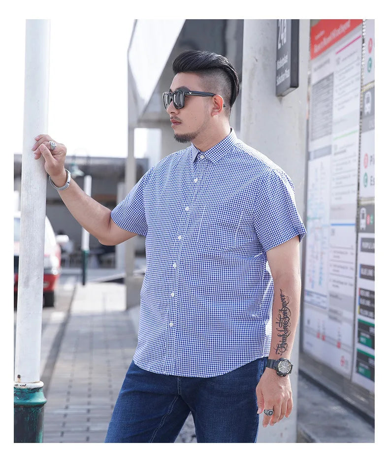100% Cotton 5XL 6XL 7XL 8XL 12XL Men's Plus Size Shirts Fashion Casual Classic Style Comfortable Plaid Short Sleeve Shirt Male